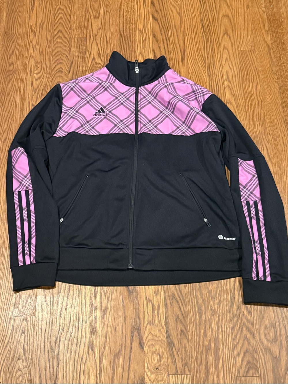 Adidas Plaid Jacket with Black and Pink Accents